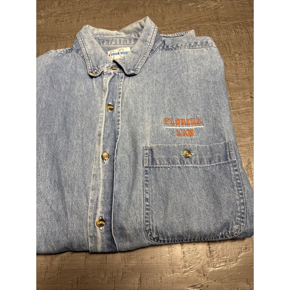 Vintage‎ 90s Florida Gator UF Law Denim Shirt XL College Classics Embroidered - Picture 2 of 5